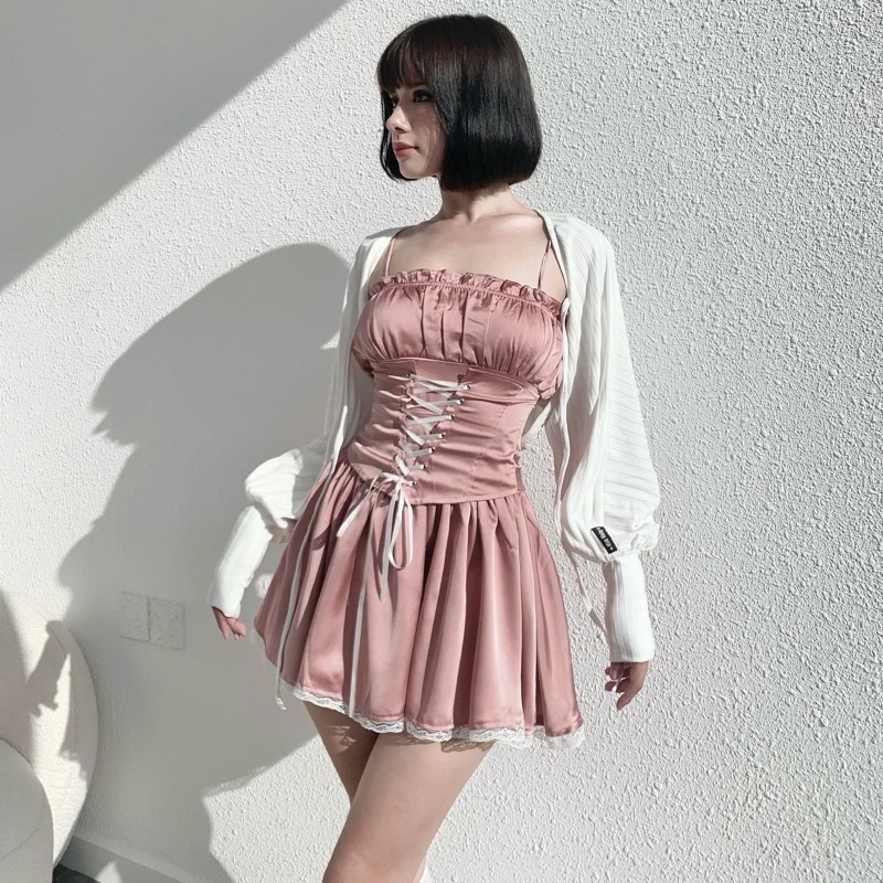 GILL BABY | Đầm váy xoè giả corset kèm quần phối ruy băng tôn dáng đi chơi hẹn hò