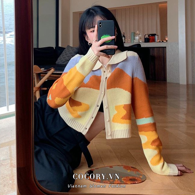 Áo Khoác Cardigan Dệt Kim Phối Màu Tương Phản Phong Cách Hàn Quốc Cho Nữ