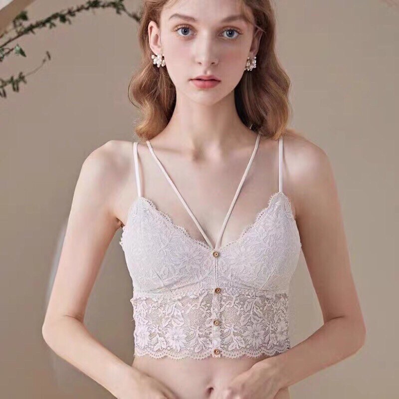 Áo lót nữ , áo bralette ren mỏng đính cúc cổ dây V sexy có đệm ngực