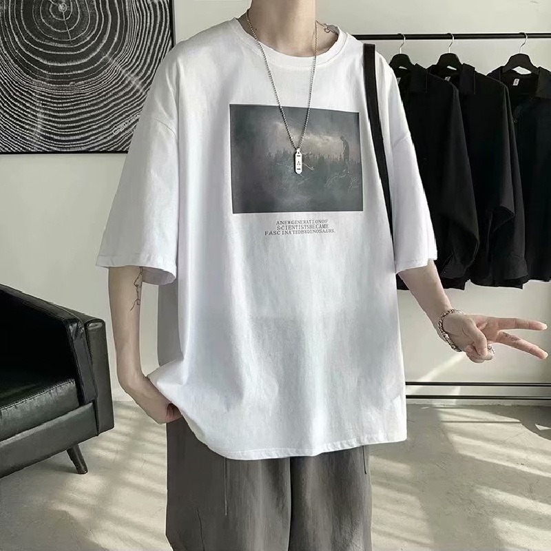 Áo thun tay ngắn dáng rộng in họa tiết thời trang phong cách Hàn Quốc cho nam size M-5XL