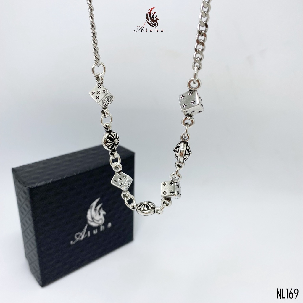Dây chuyền đồng trắng không rỉ Chrome Heart khắc nổi hoa Iris, xúc xắc biểu tượng CH - NL169 - Aluha