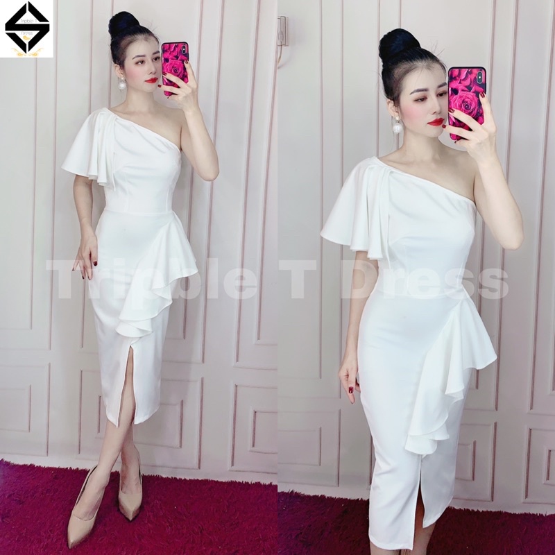 Đầm body lệch 1 vai nhún bèo chất poly TRIPBLE T DRESS