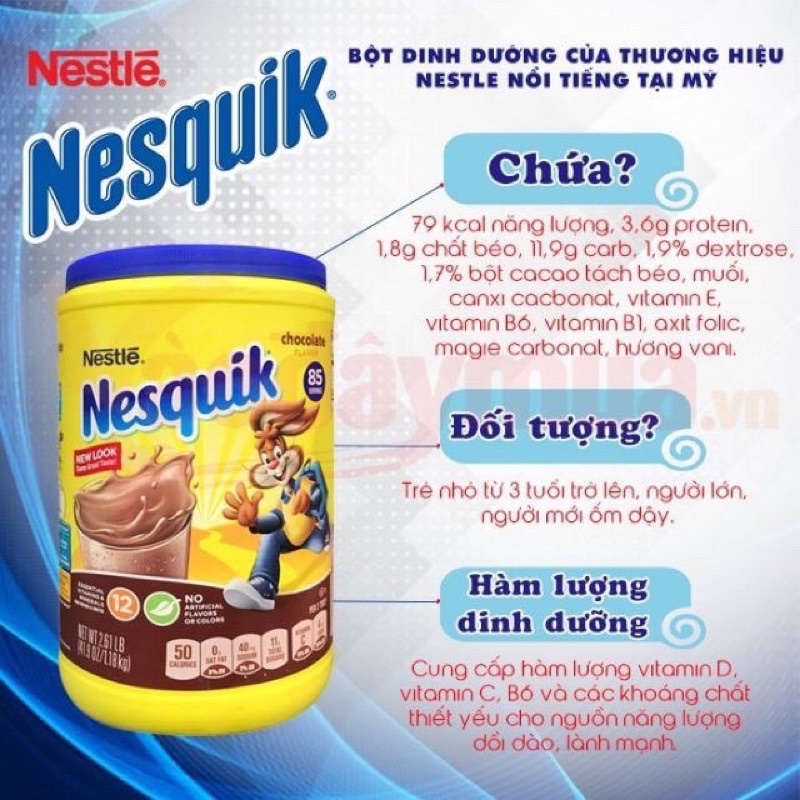1 Hộp Bột cacao pha sữa Nestle Nesquik Chocolate 1,275kg của Mỹ