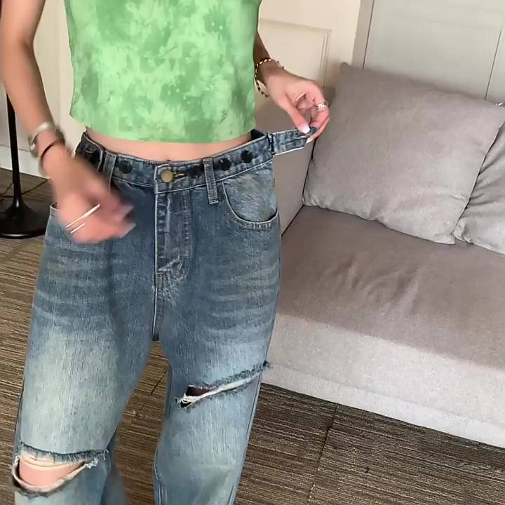 kumikumi HUANG YOYO Quần jeans Nữ Lưng Cao Ống Rộng Rách Gối Thời Trang Hàn Quốc | BigBuy360 - bigbuy360.vn