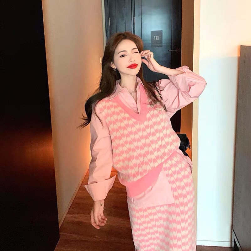 Áo vest gile len hồng ulzzang/Set váy dài, sơ mi gile hồng taobao thu đông 2021