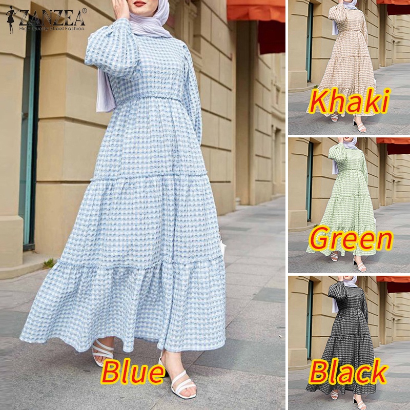 Zanzea Đầm Nữ Tay Phồng Họa Tiết Caro Thời Trang