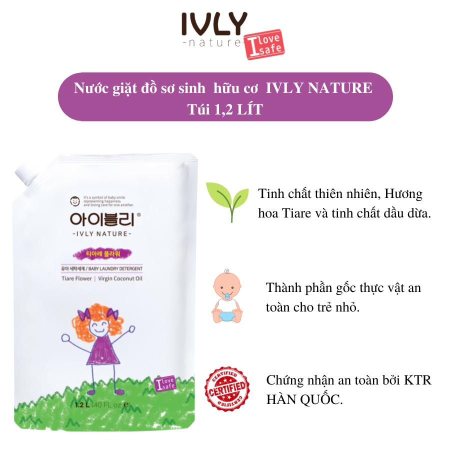 Nước giặt đồ sơ sinh cao cấp IVLY NATURE túi 1200ml hương hoa Tiare