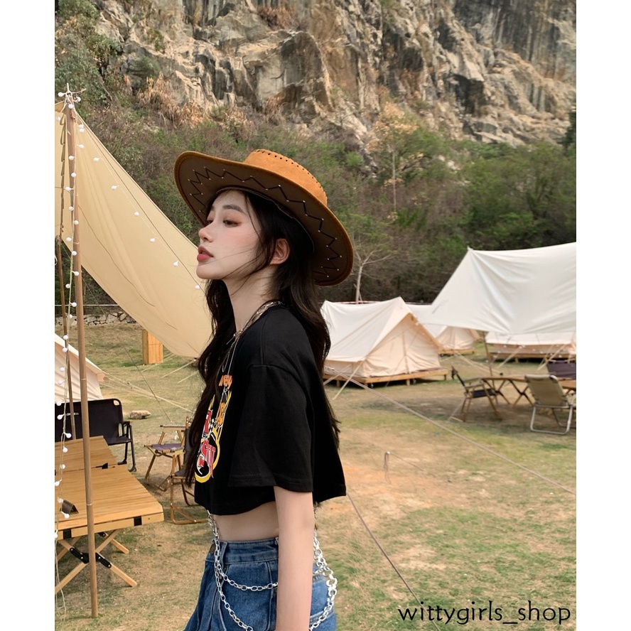 Wittygirls-áo Thun Đen Tay Ngắn Phối Dây Xích Thời Trang Mùa Hè Dễ Phối Đồ Cho Nữ