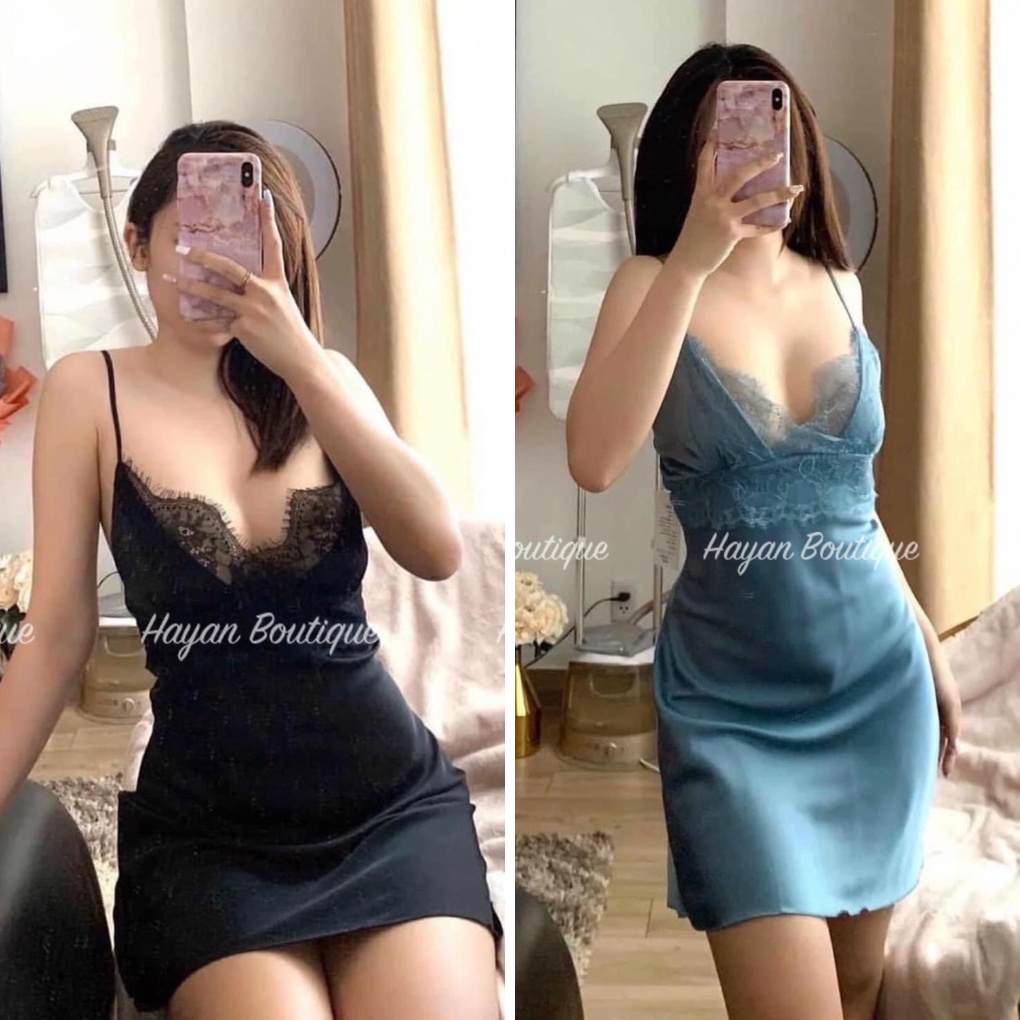 HT100 Váy ngủ sexy phối ren ngực dáng suông kèm ĐỆM LÓT, đầm ngủ lụa quyến rũ HT100 MÚT