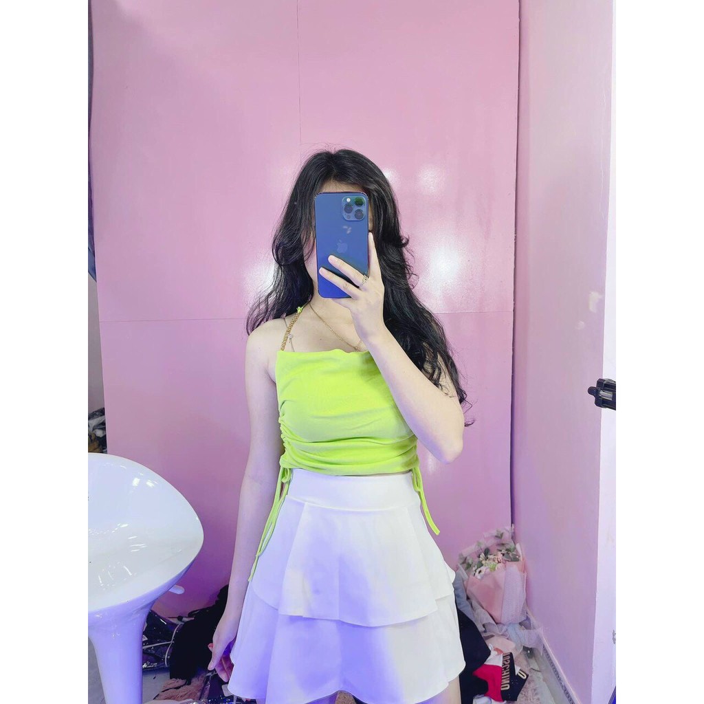 Áo  cổ yếm phối xích 2 bên hông rút dây hở lưng sexy chất borip mềm tôn dáng ôm form xinh xinh