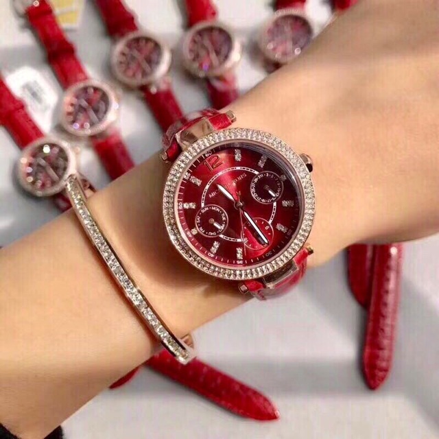 ♥️Đồng Hồ Nữ MICHAEL KORS MK6451 Parker Crystallized Burgundy Dial Multifunction Burgundy Leather Band Watch 33mm