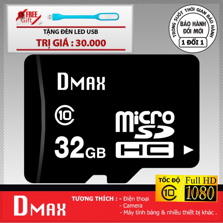 Thẻ nhớ 32GB micro SDHC Dmax Class 10 - Bảo hành 5 năm đổi mới + tặng đèn LED USB | WebRaoVat - webraovat.net.vn