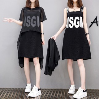 Set đầm hai dây in chữ + áo lưới trong suốt mặc ngoài cho nữ