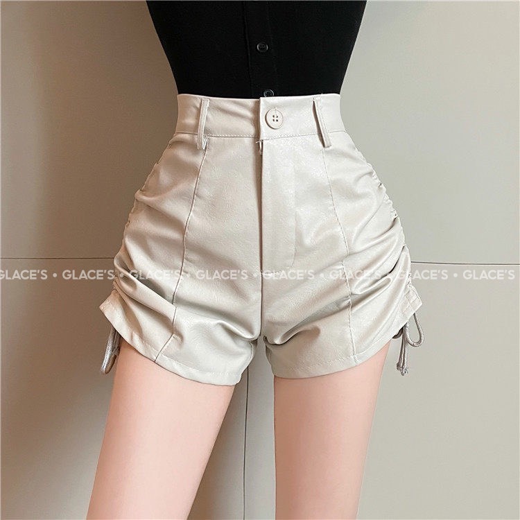 [Ảnh thật/ Hàng sẵn] Quần short da ⚡FREESHIP⚡ Quần sooc da nữ cạp cao rút dây hai bên hông, siêu tôn dáng, đầy cá tính