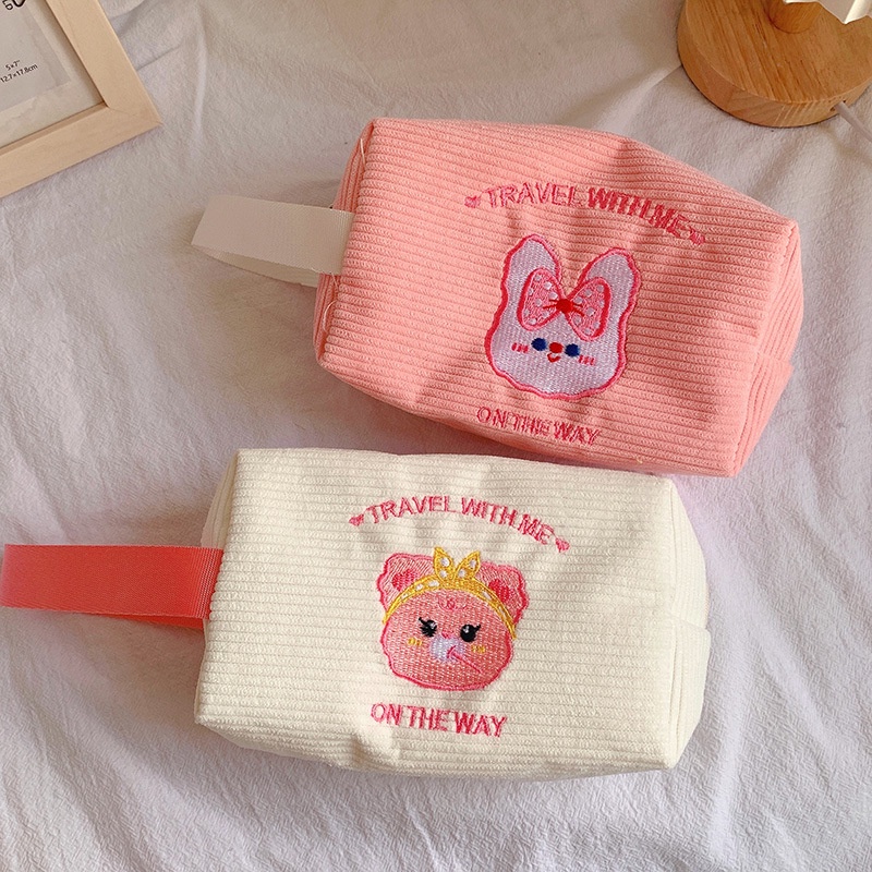 Hộp đựng bút vải nhung tăm hình gấu cute 1 to ngăn - Túi bút nhung tăm đựng mỹ phẩm, Bóp viết DUHU HBV22