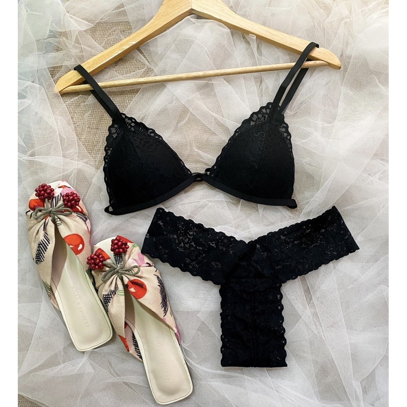 Bộ Bralette Ren Lưng Mút Ngực Quần T Đen