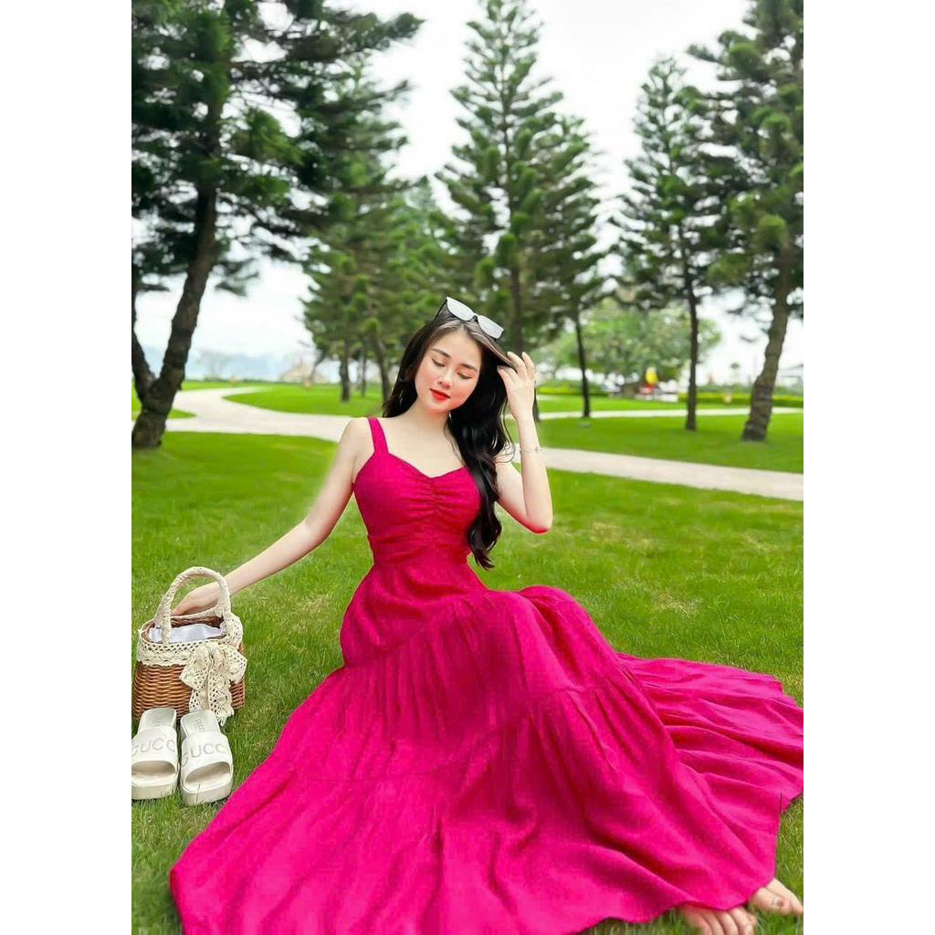 Váy đầm nữ chất lụa kiểu dáng hai dây có mút đầm xòe dài chiết eo xếp tầng mocking thân sau siêu xinh