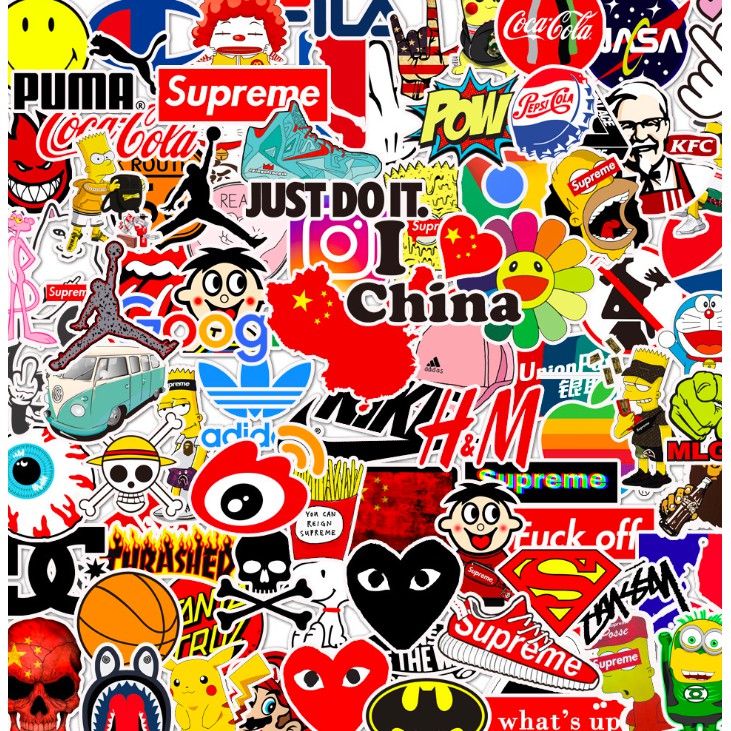 Set 50c stickers BRAND LOGOS VANS, CHAMPION, SUPREME dán máy tính laptop, vali, xe máy, mũ bảo hiểm