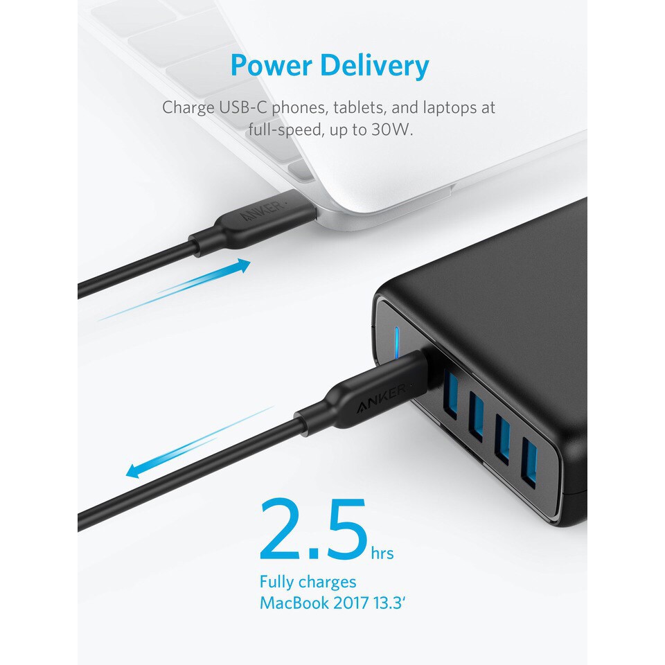 Củ Sạc Macbook Air, iPad Pro ANKER PowerPort 60W, 05 cổng (01 USB-C PD 30W &amp; 04 USB-C PIQ) - A2056