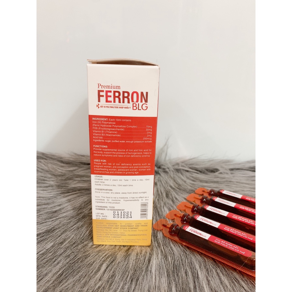 Siro Bổ máu PREMIUM FERRON BLG - (Hộp 20 ống) Bổ sung Sắt III , Acid Folic không gây táo bón