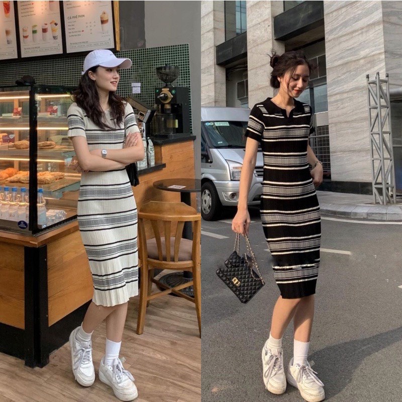 Váy Polo nữ THOYEUFASHION Váy chất len Kẻ Sọc Kiểu Retro Xinh Xắn, Đầm Dài Qua Gối Tay Ngắn Thời Trang Mùa Hè Thu Cho Nữ