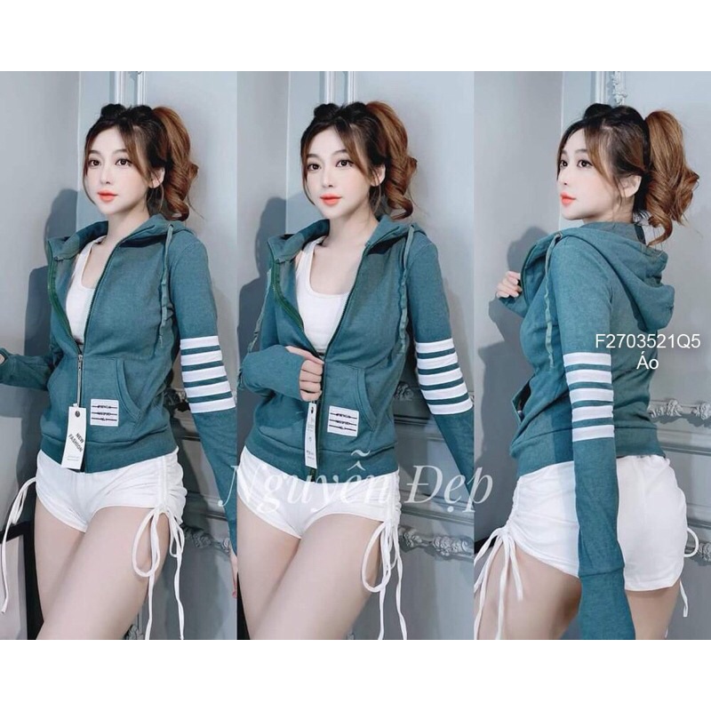 Áo khoác nón thun gân phối sọc tay