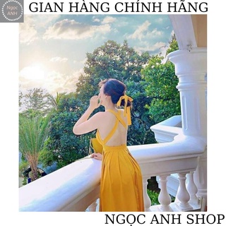 Đầm maxi vàng hở lưng đi biển