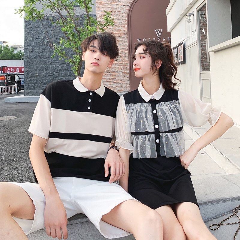 Bộ đồ đôi nam và nữ váy ren nữ kết hợp áo polo nam