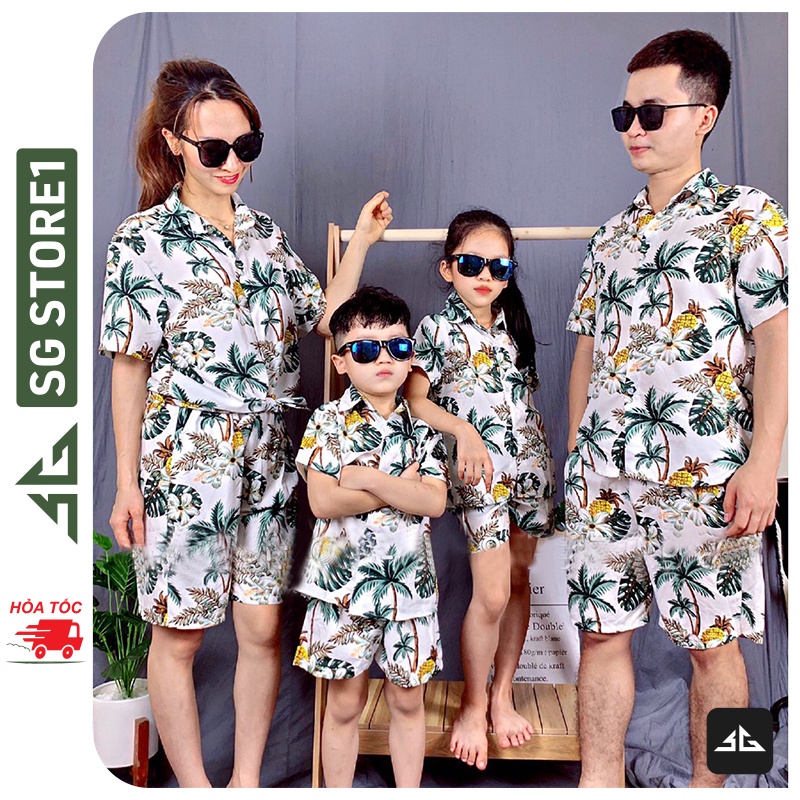 Bộ đồ đi biển hoa lá nguyên set gồm áo và quần nổi bật có size trẻ em có thể mặc cặp đôi gia đình hội nhóm BHT | SGSTORE