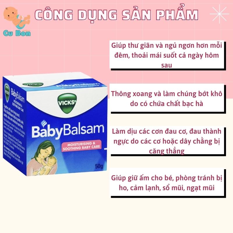 Dầu ấm ngực Vicks Baby Balsam cho bé từ sơ sinh hũ 50g Của Úc Giúp Giảm Ho Chống Ngạt Cảm phù hợp khi nằm lạnh