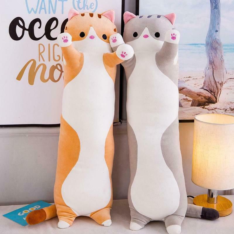 Gối ôm dài hình mèo con nhồi bông dễ thương,gối ôm nhồi bông mèo con hai màu xám và màu nâu  50/70cm