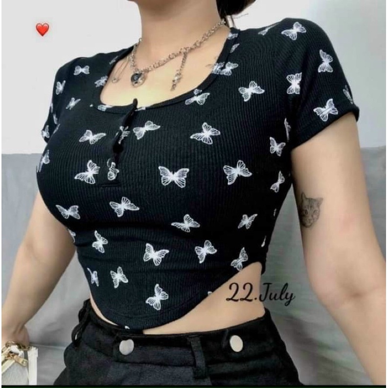 ÁO KIỂU CROPTOP HOA NHÍ NÚT BẤM hình thật