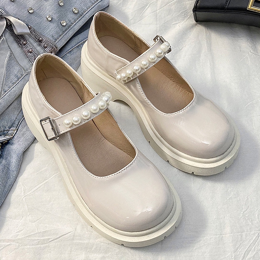 Giày Lolita Nữ Ulzzang Vintage, Giày Mary Jane Da Bóng Mũi Tròn Quai Ngọc Trai Đế Độn 3cm, Hàn Quốc - Iclassy_shoes