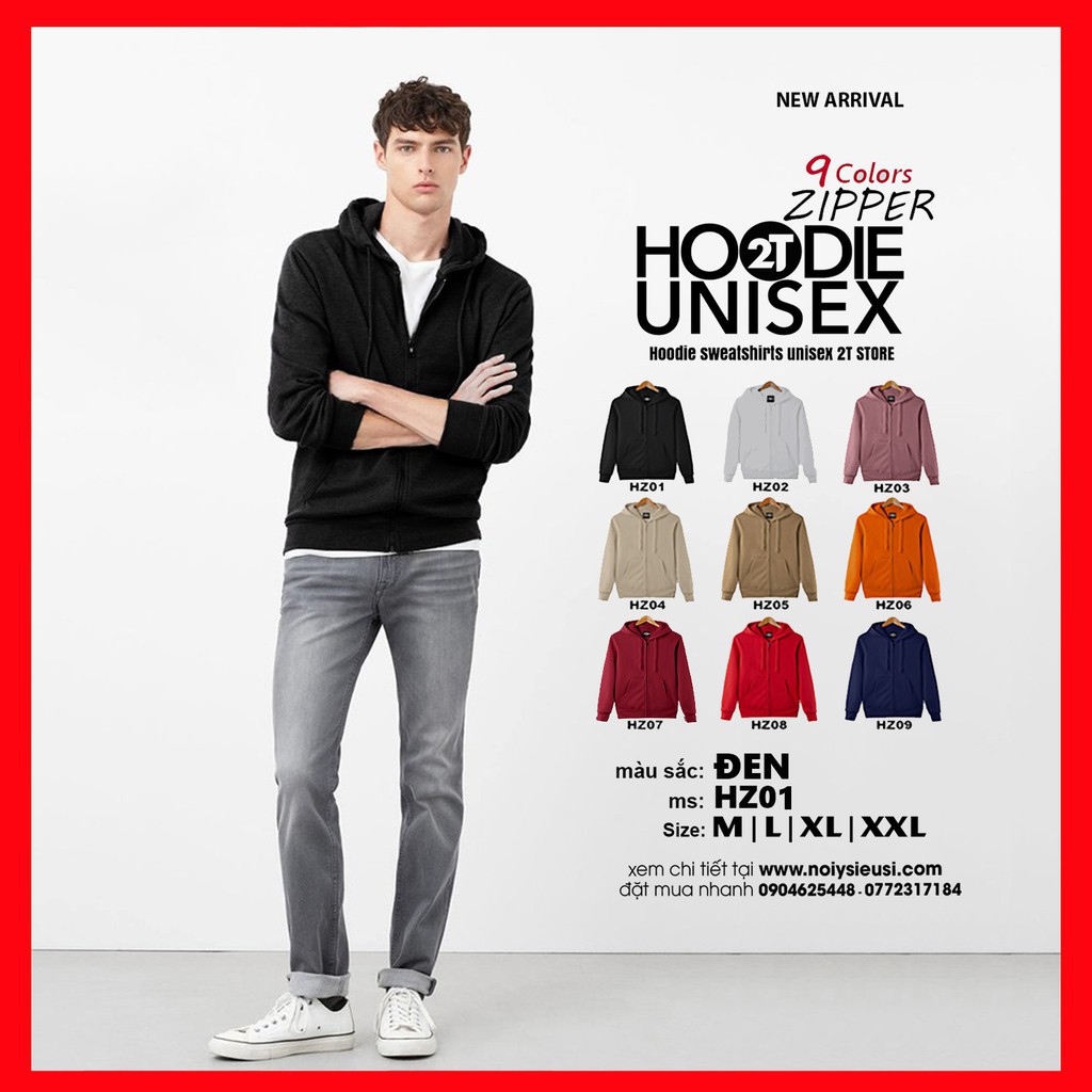 áo hoodie Áo hoodie zipper unisex 2T Store HZ01 màu đen - Áo khoác nỉ dây kéo nón 2 lớp dày dặn chất lượng đẹp