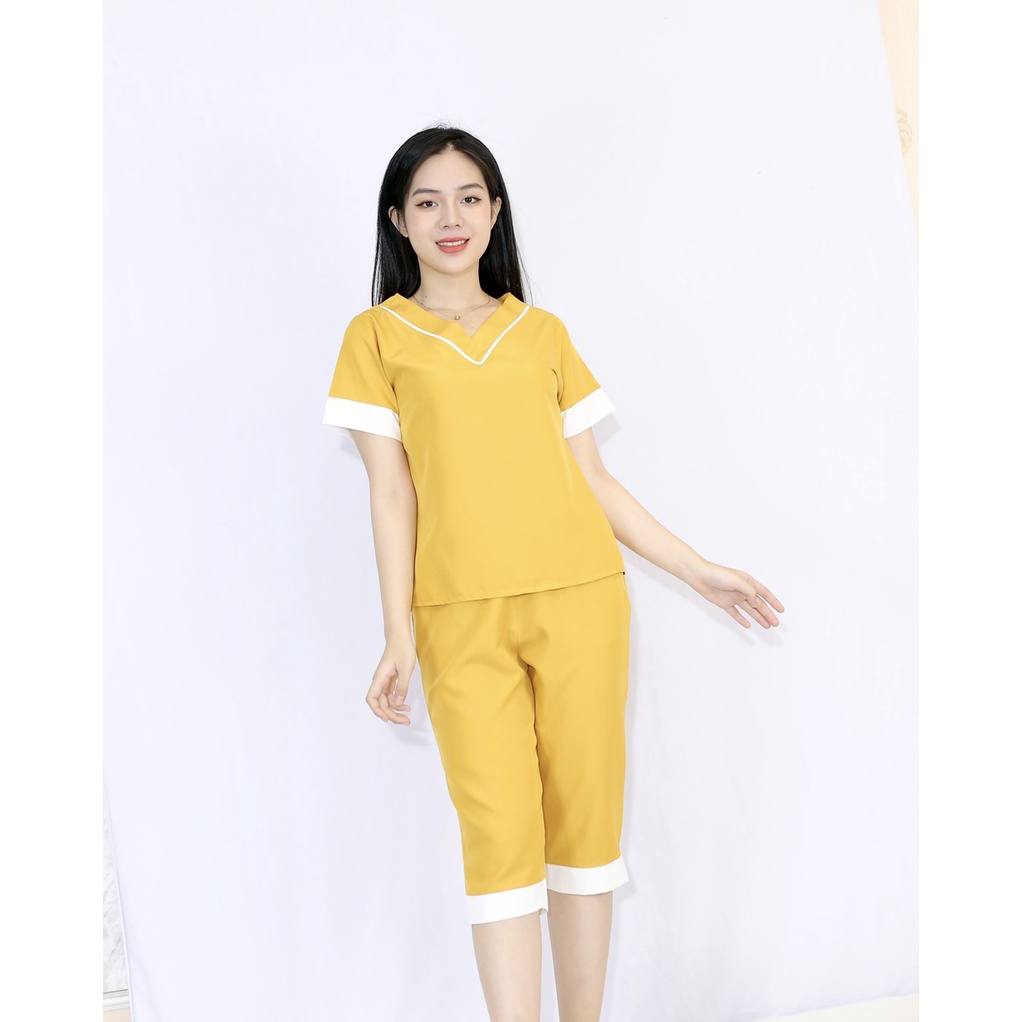 Set đồ bộ pijama L1 VÀNG cổ tim tay ngắn, quần lửng mặc nhà Thoải Mái Nhẹ Nhàng