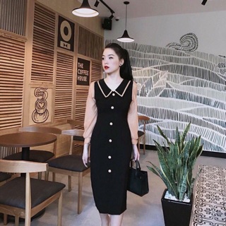Đầm V nút bọc tay voan