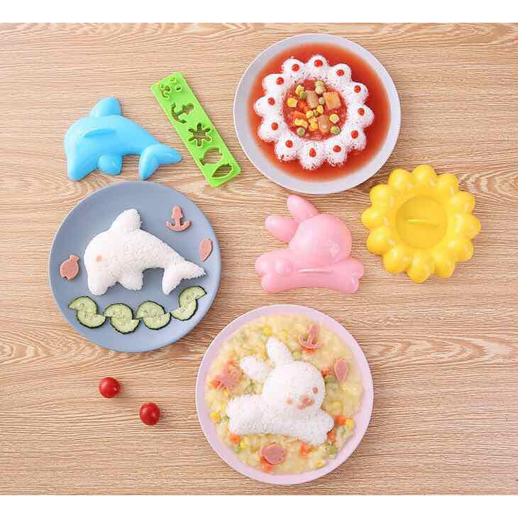 Combo 4 khuôn ép cơm bento hình cá heo, hoa, thỏ size lớn (12-15cm)