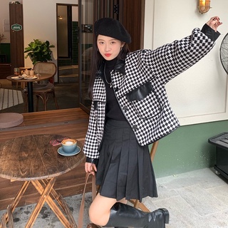 [HÀNG ORDER] Áo khoác croptop da hoạ tiết houndstooth (ảnh thật ở cuối)