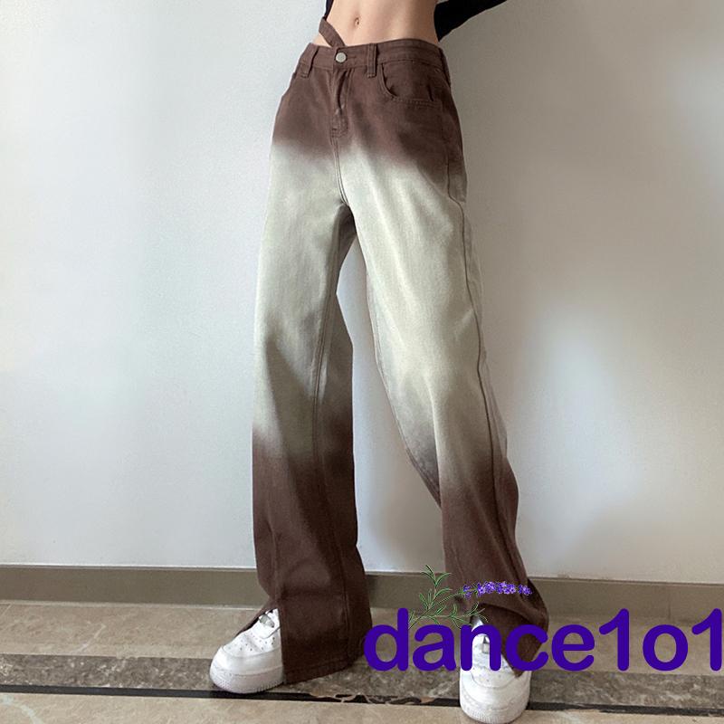 Quần jean ống thẳng cạp vừa phối màu gradient thời trang dành cho nữ