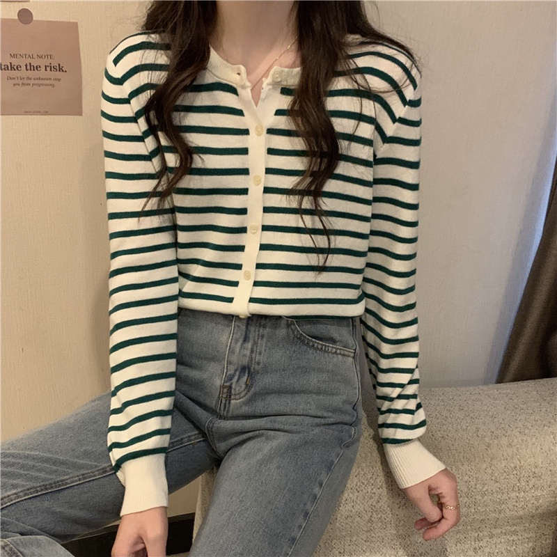 Áo khoác cardigan ZHELIHANGFEI dệt kim dài tay kẻ sọc ngang thời trang Hàn Quốc 6 màu lựa chọn cho nữ