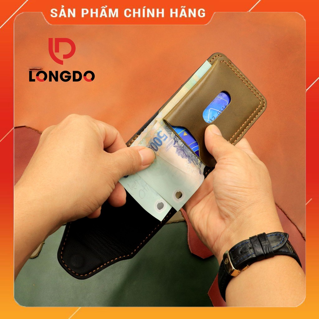 Ví sen 5, ví nam xanh rêu da bò thật - Bảo hành 5 năm - Hàng chính hãng thương hiệu Longdo Leather
