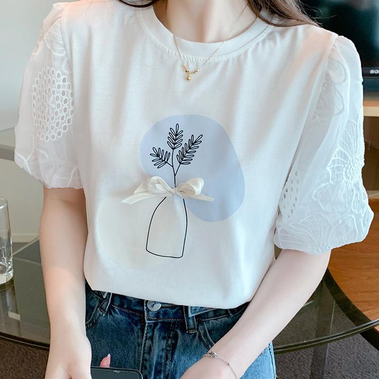 Áo Thun Cotton Mùa Hè Tay Ngắn Phối Ren Đính Nơ Phong Cách Phương Tây Kiểu Mới