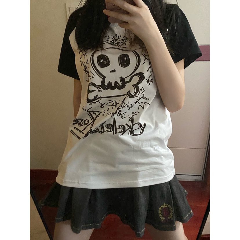 Áo Thun Raglan y2k Tay Ngắn Dáng Rộng Màu Sắc Tương Phản Phong Cách Punk Nhật Bản