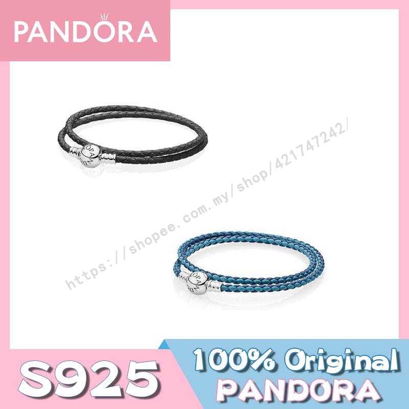 ⛯Vòng Tay Da Hai Lớp Pandora s925 Kết Hợp Màu Xanh Da Trời Và Đen