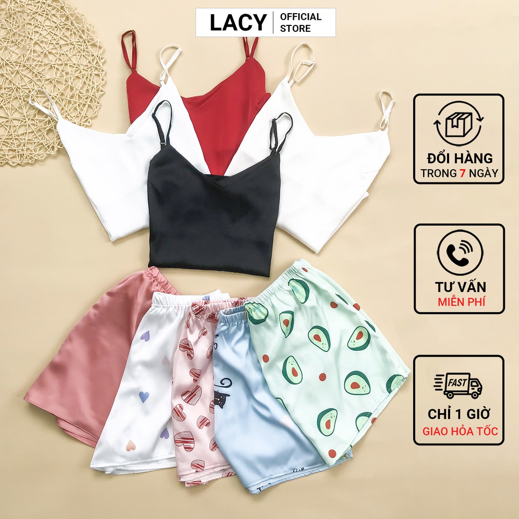 Áo 2 Dây Nữ và Quần Ngủ Lụa Pháp Nhiều Họa Tiết Trẻ Trung Cao Cấp Freesize LACY N129 và QN
