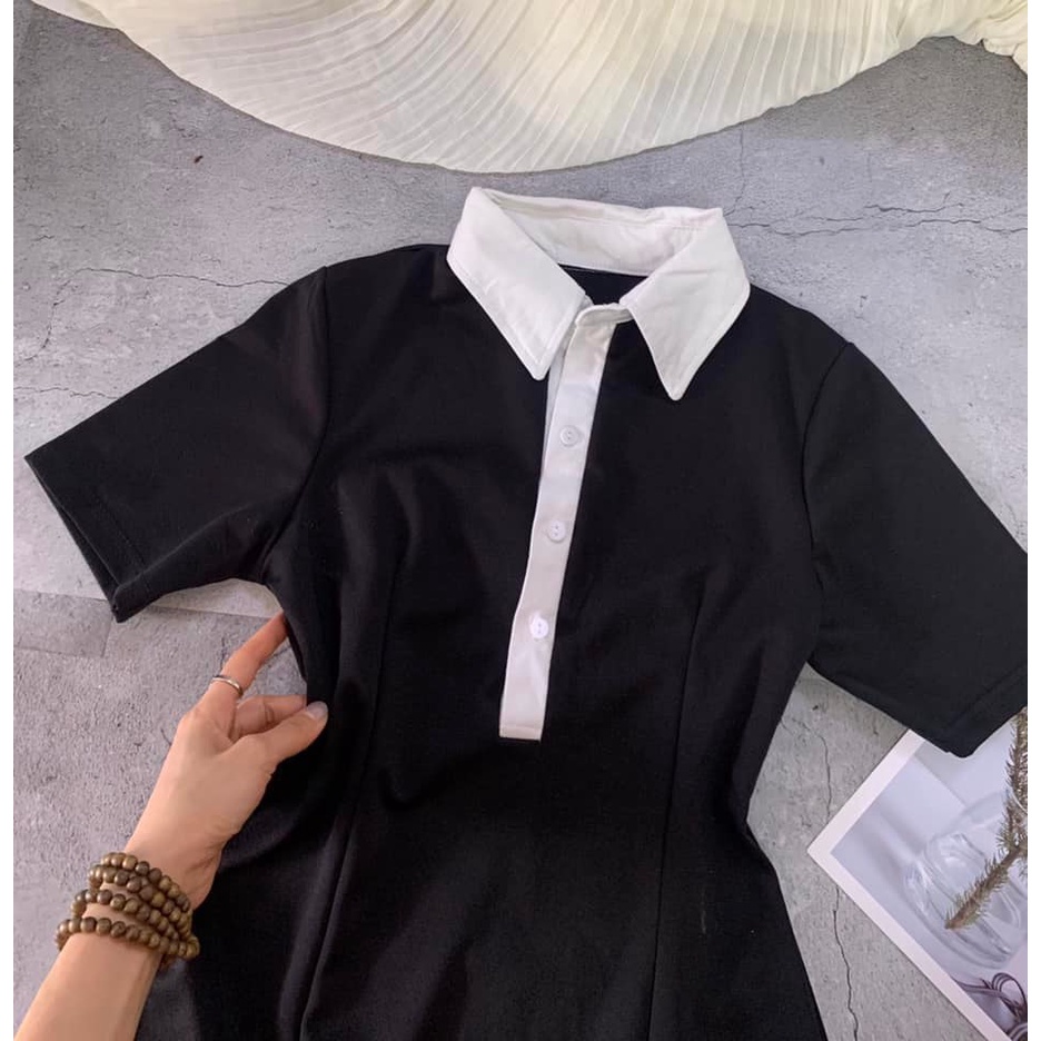 Đầm ngắn, váy ngắn polo thun cổ sơ mi viền trắng màu đen chất thun cotton co giãn
