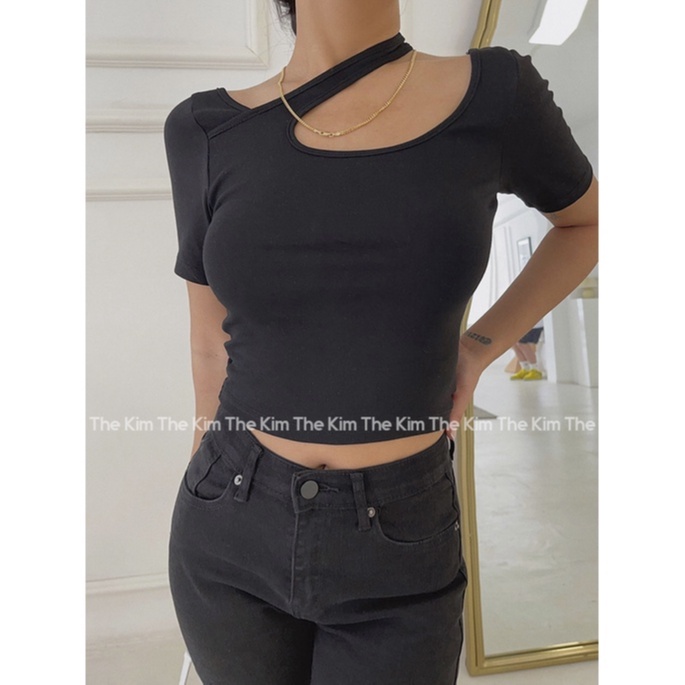 Áo thun croptop ngắn tay chất cotton phối dây chéo cổ , áo phông basic The Kim A110