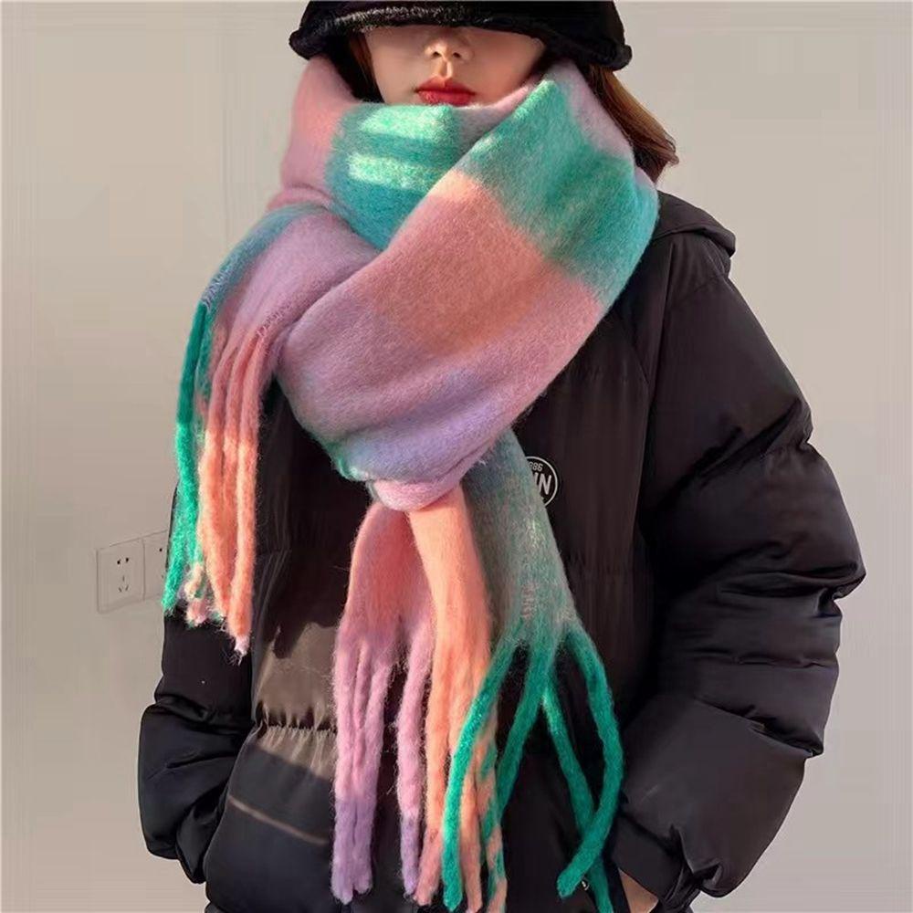 Khăn Choàng Cổ Dài Bằng Len Pashmina Dày Họa Tiết Kẻ Sọc Phong Cách Hàn Quốc Thanh Lịch Cho Nữ