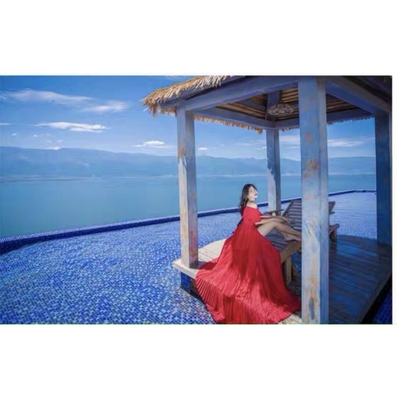 đầm maxi xếp ly bẹt vai hai màu | BigBuy360 - bigbuy360.vn