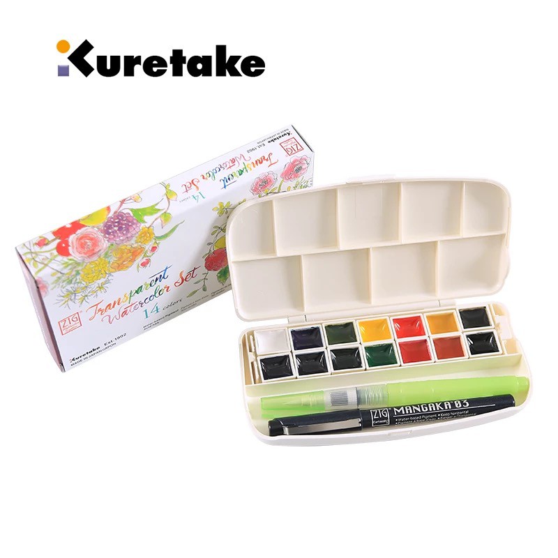 Màu nước Zig Kuretake Transparent set 14 màu tặng kèm 1 line đen ngòi 0.3 và 1 Pallete